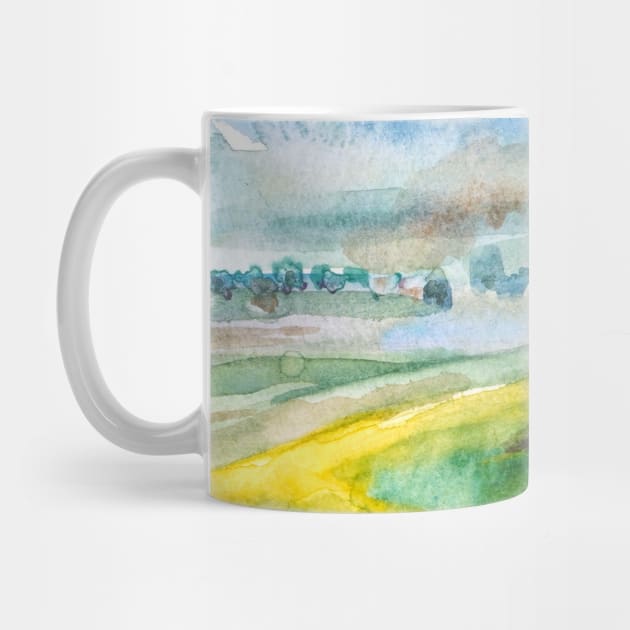 green and yellow landscape watercolor painting by colorandcolor